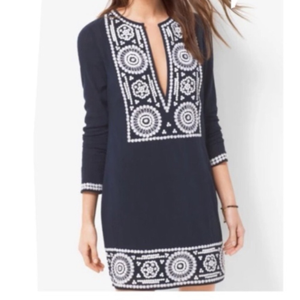 Michael Kors Navy and White Embroidered Mini Dress